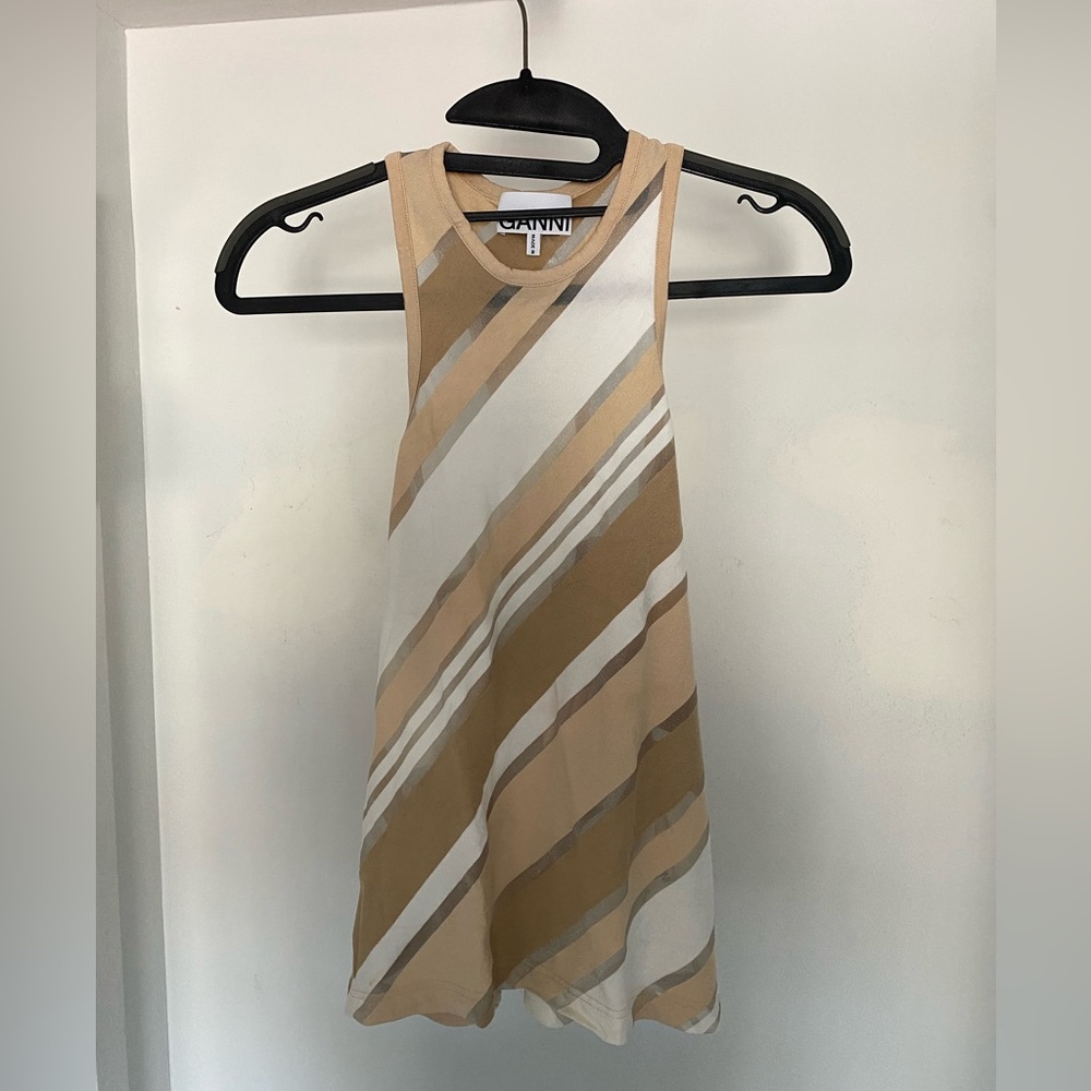 Ganni tan and white tank stripe and tulle NWOT never worn size EU 38 US 6/8